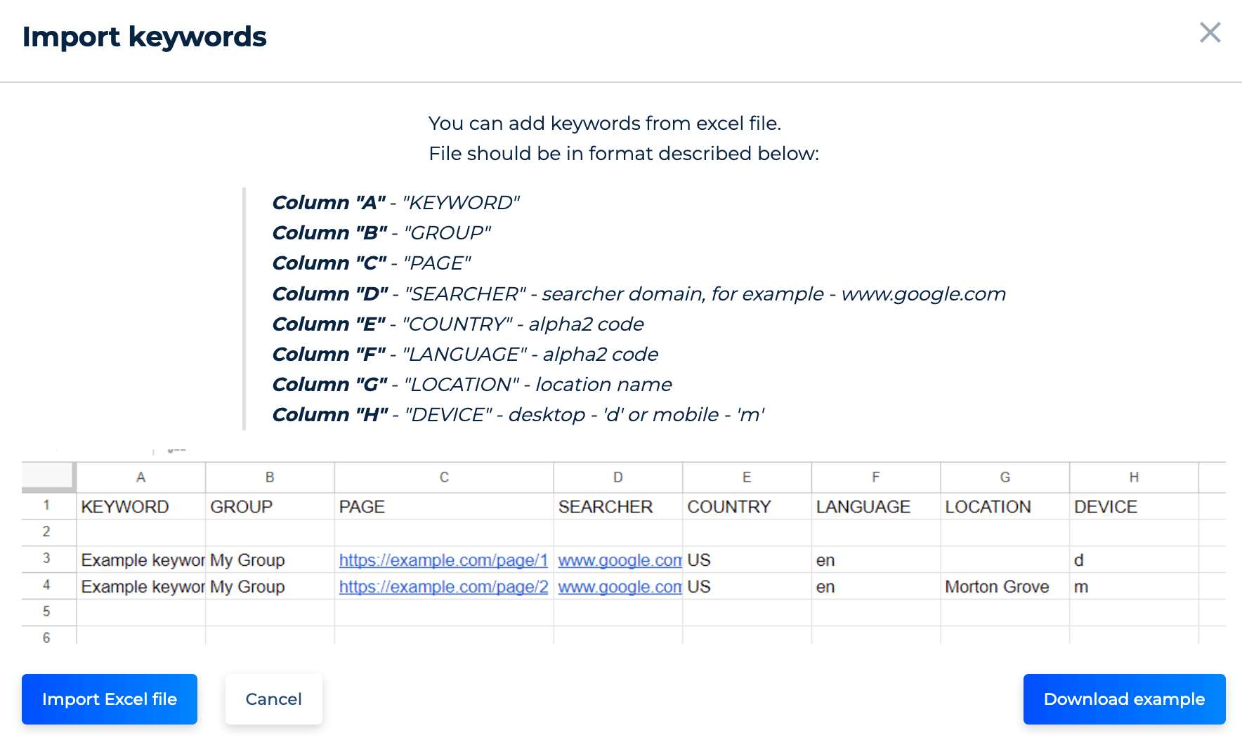 Import keywords from Excel file