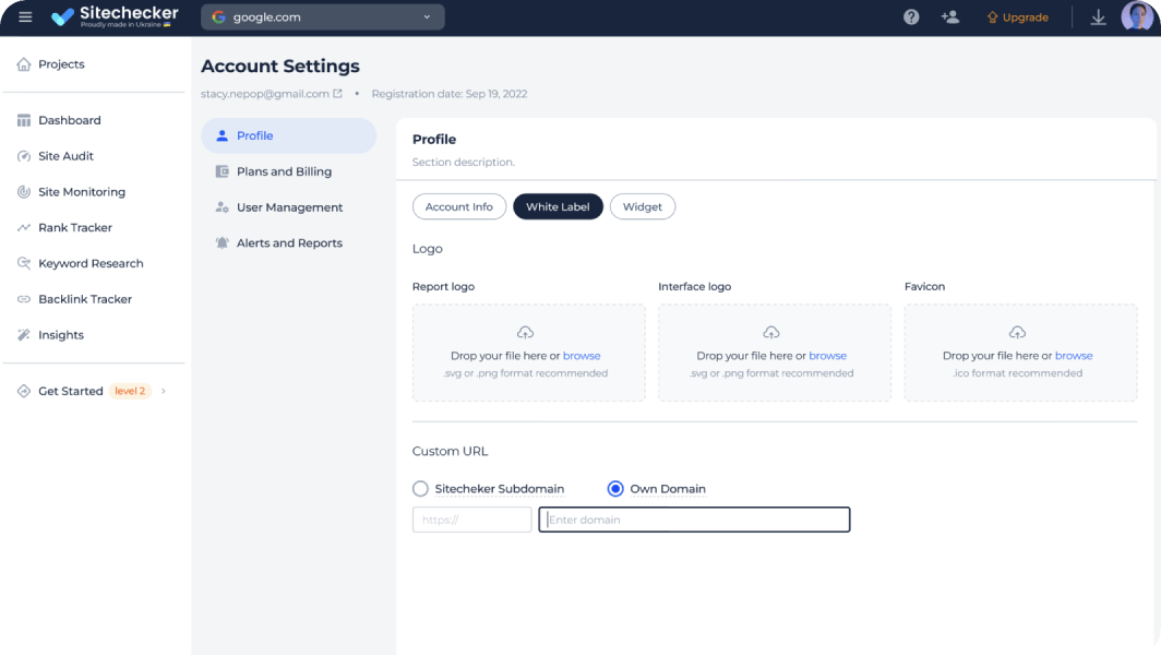 Account settings white label profile