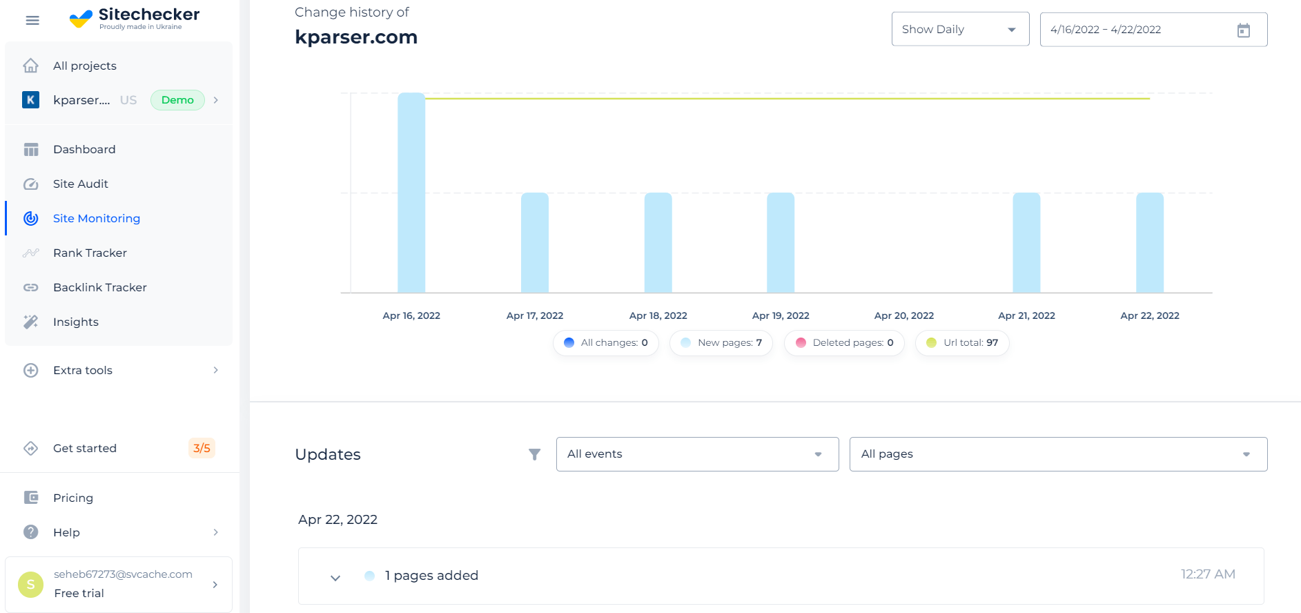 Monitoring website changes with Sitechecker