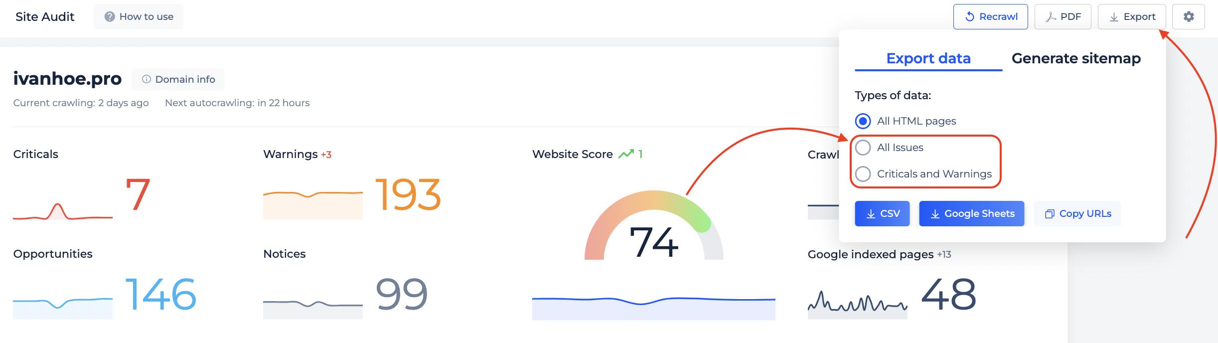 export feature site audit