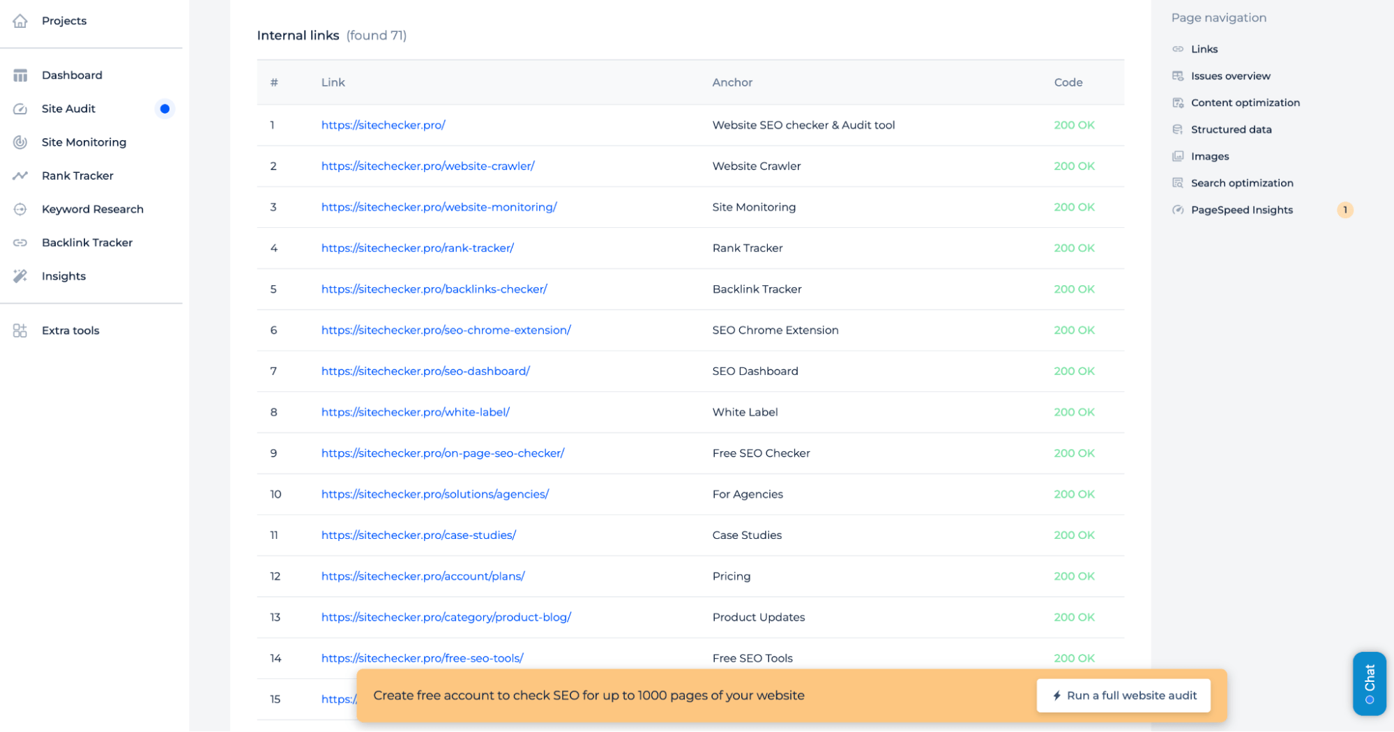 Page internal links Data Export