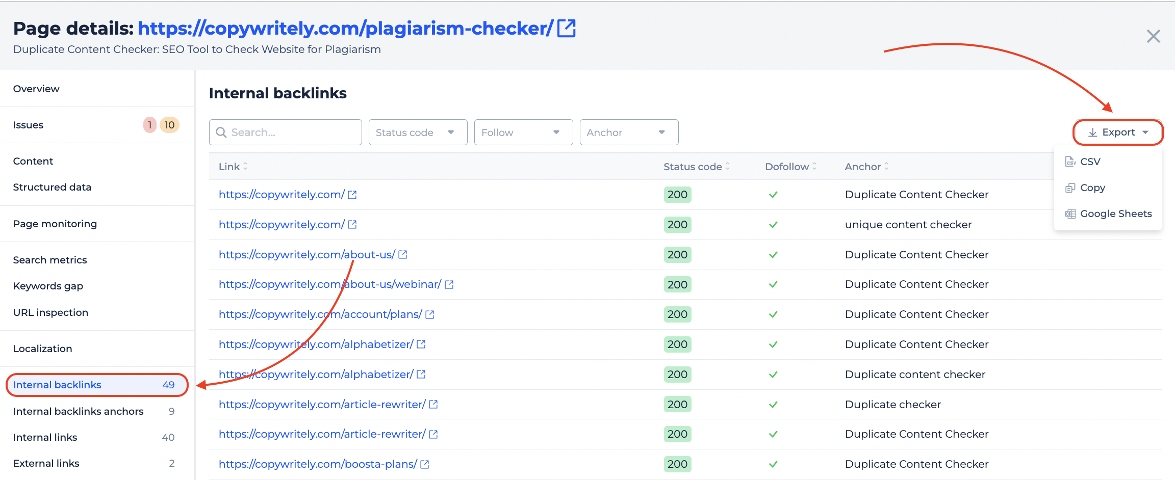 internal backlinks export