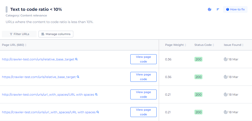 Low Text Code Ratio Page List