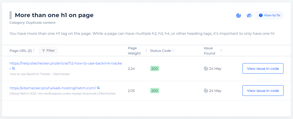 Multiple H1 Pages List