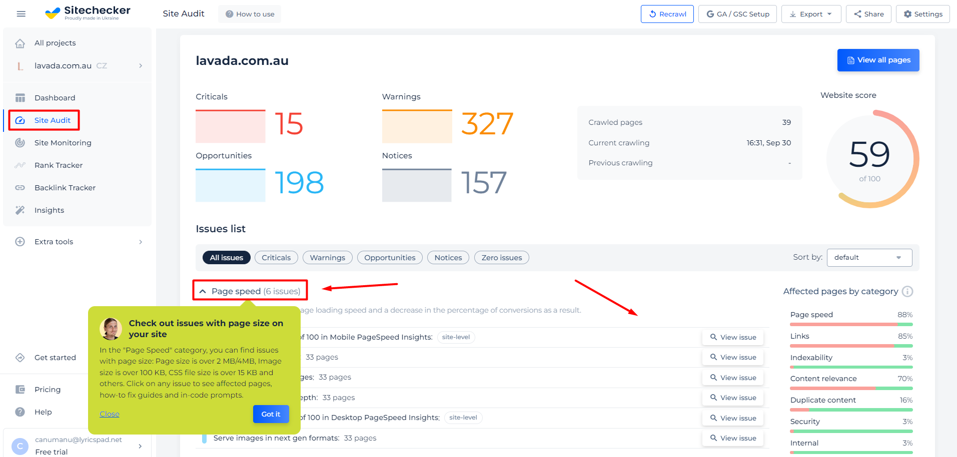 Result of the webpage size checker for domain