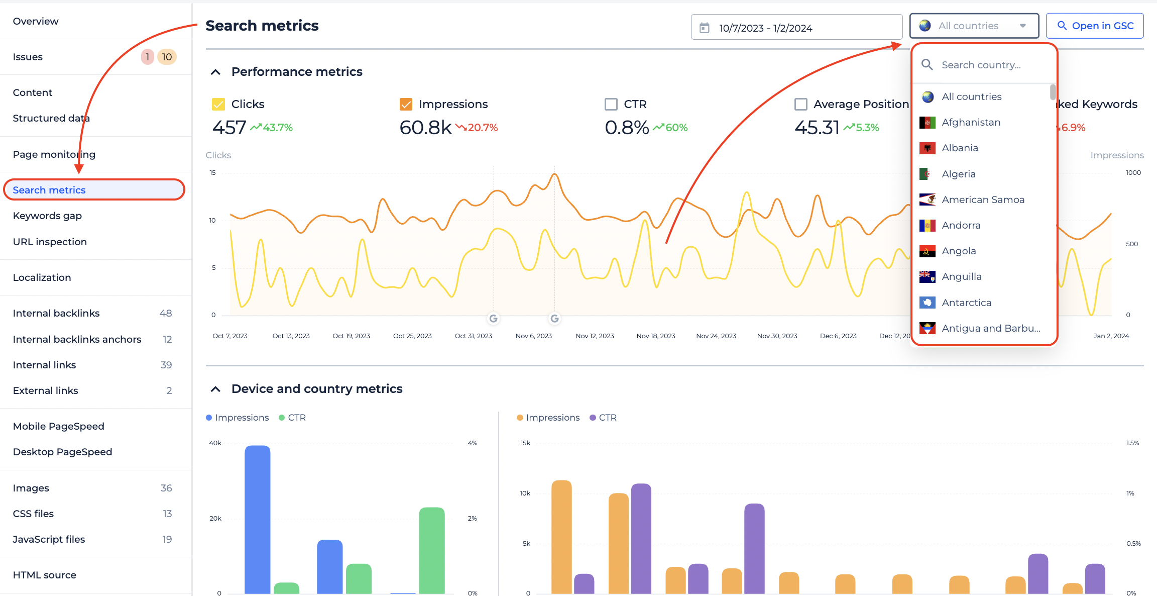 search metrics tab