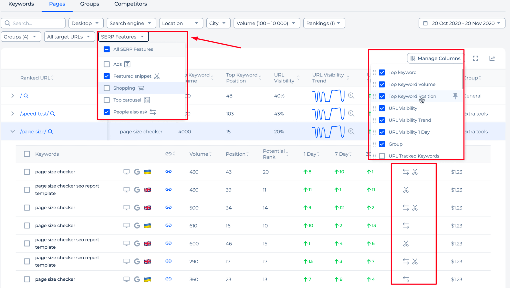 SERP Features Manage Columns