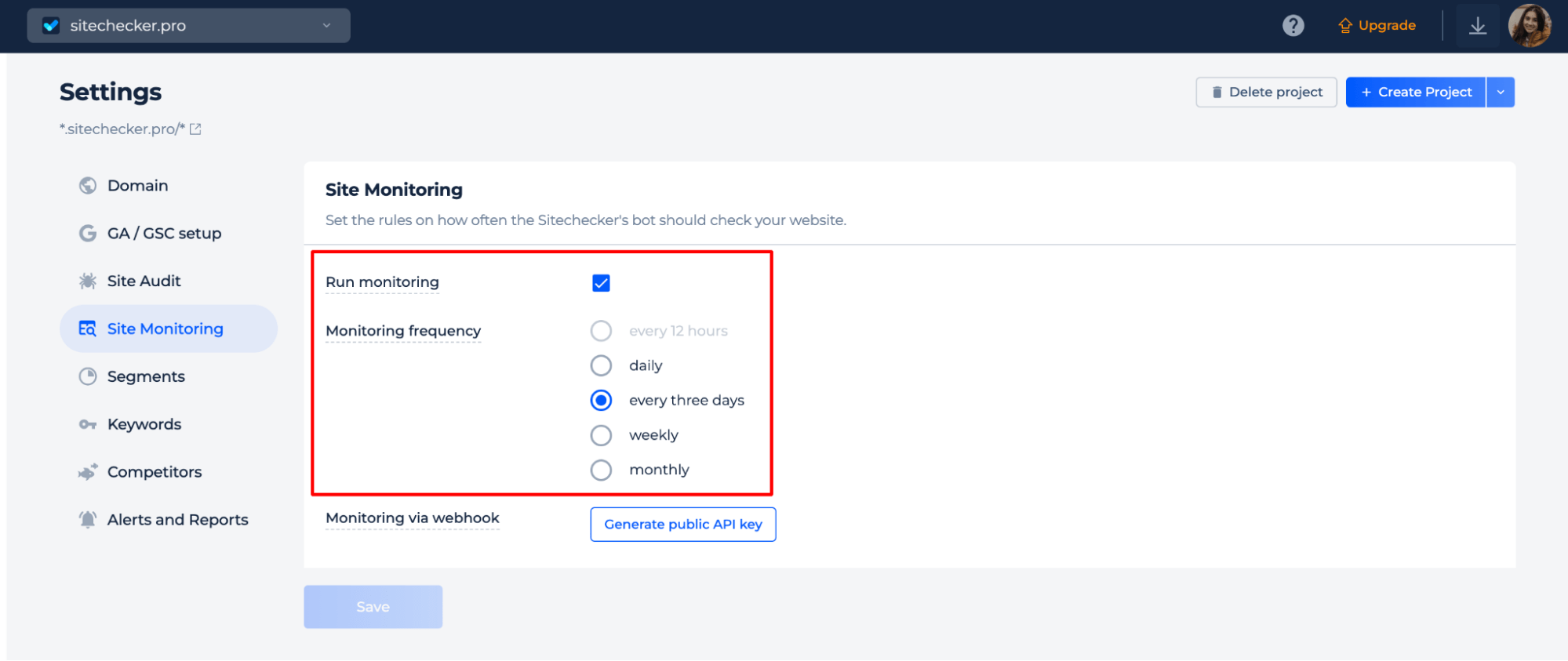 Site Monitoring Project Settings