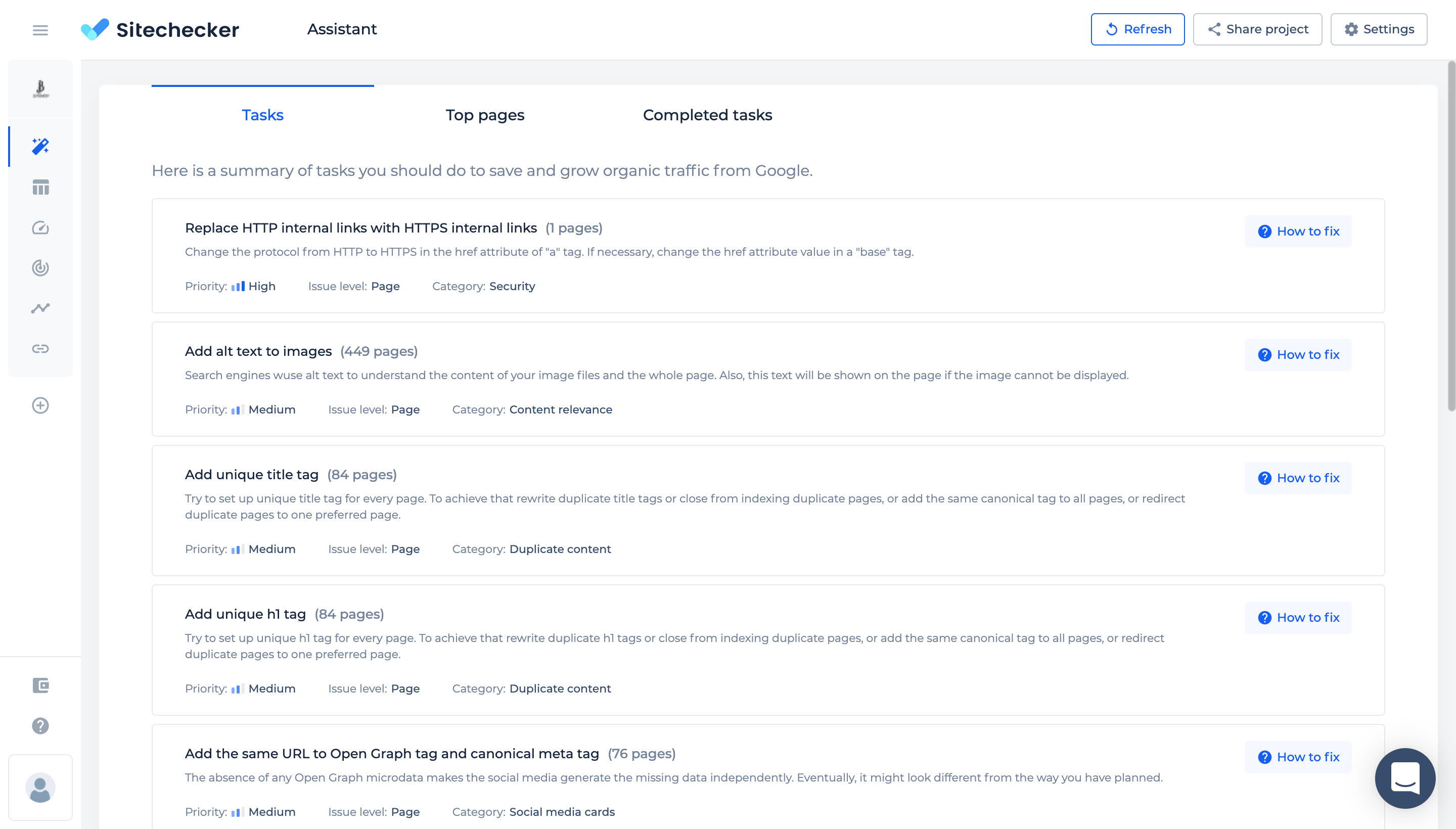 sitechecker seo assistant tasks