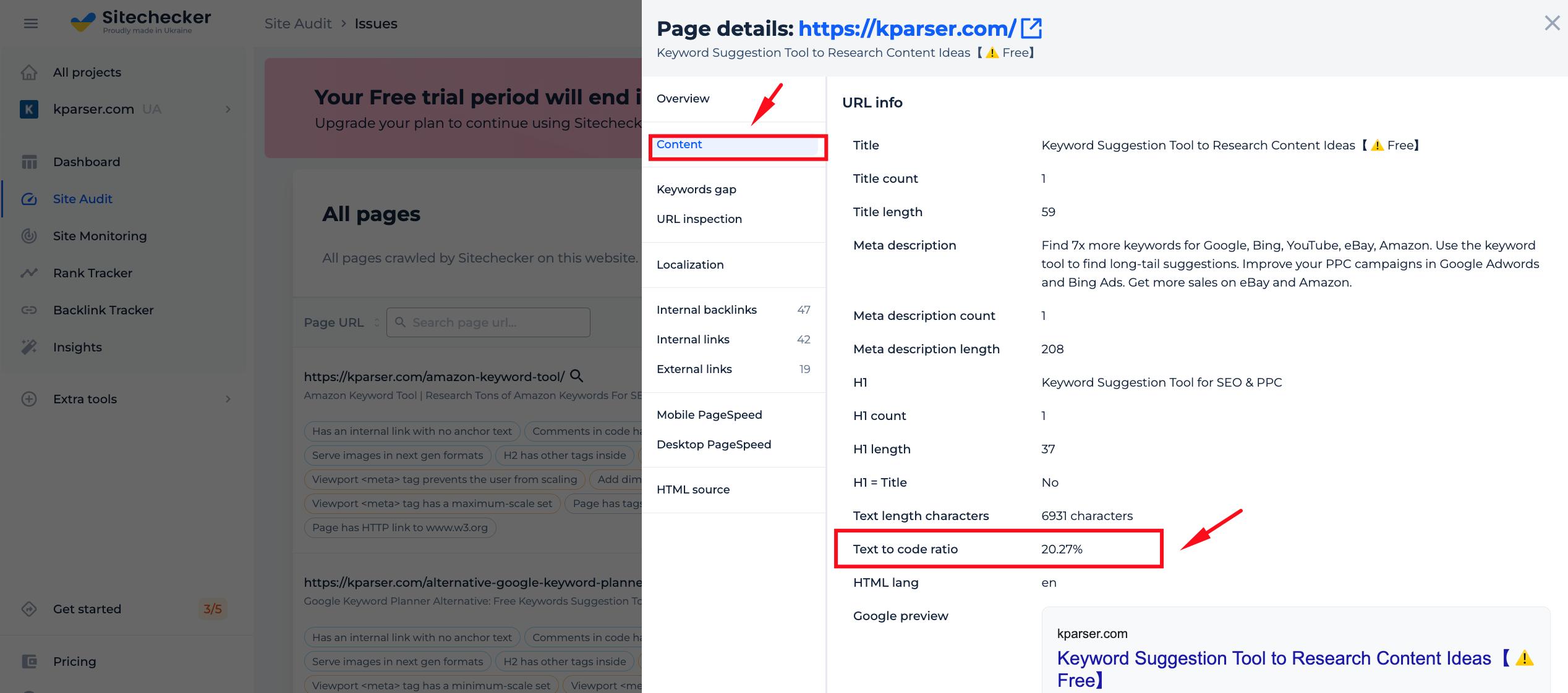 text to code ratio checker results