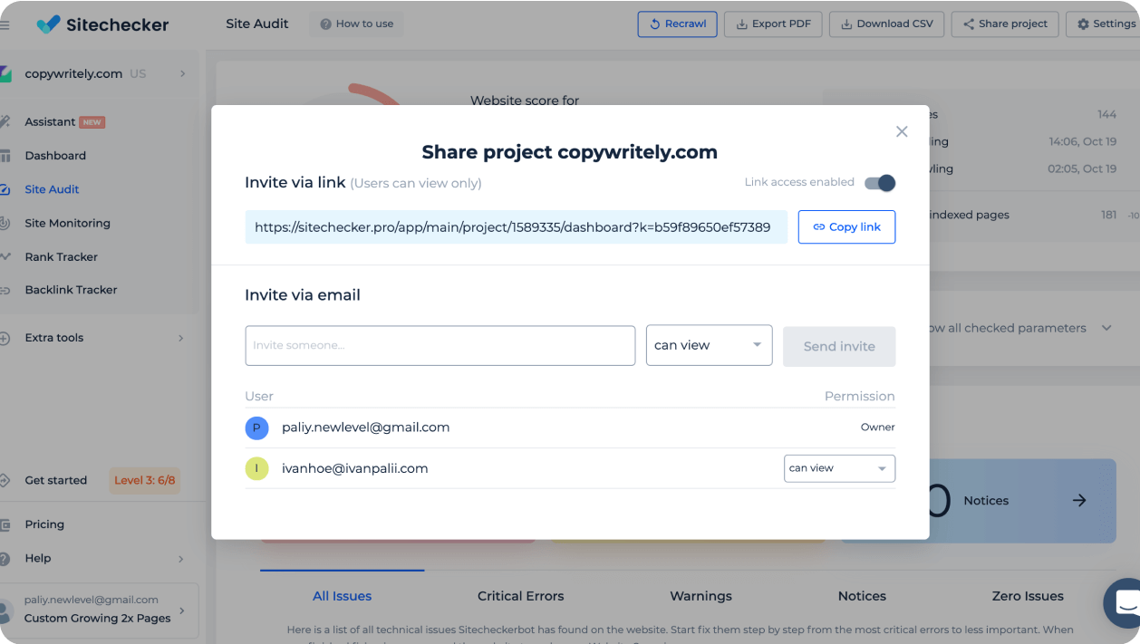 Invite teammates and freelancers to share seo audit results