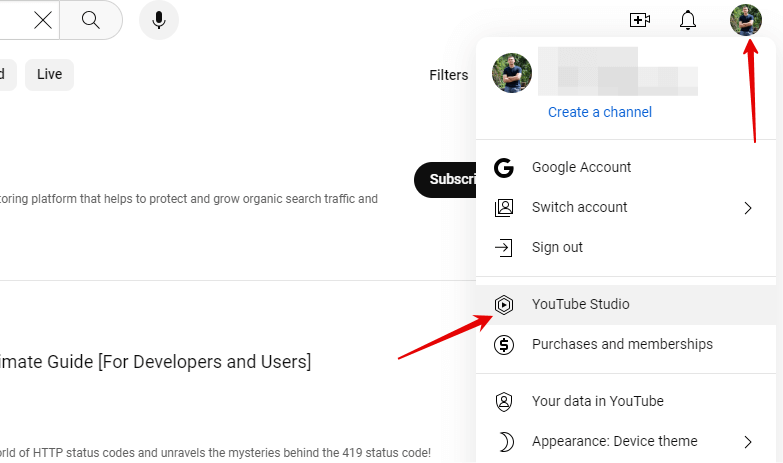 youtube studio in profile settings