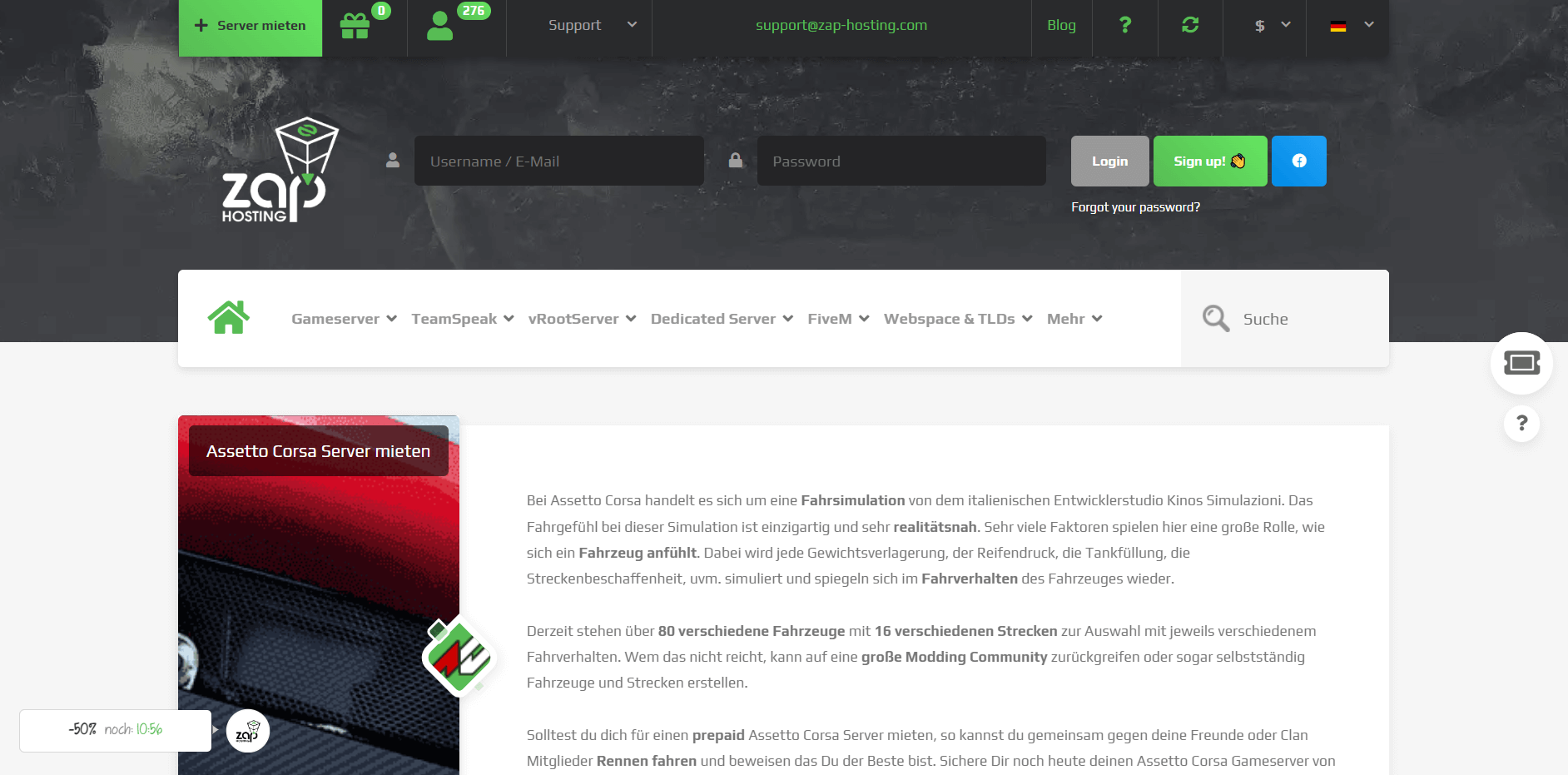 Zap hosting servers for Assetto Corsa